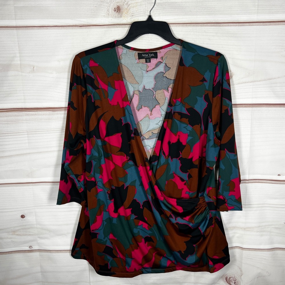 Arna York Faux Wrap Top Womens 22/24 Multicolor Floral Abstract Surplice Ruched‎